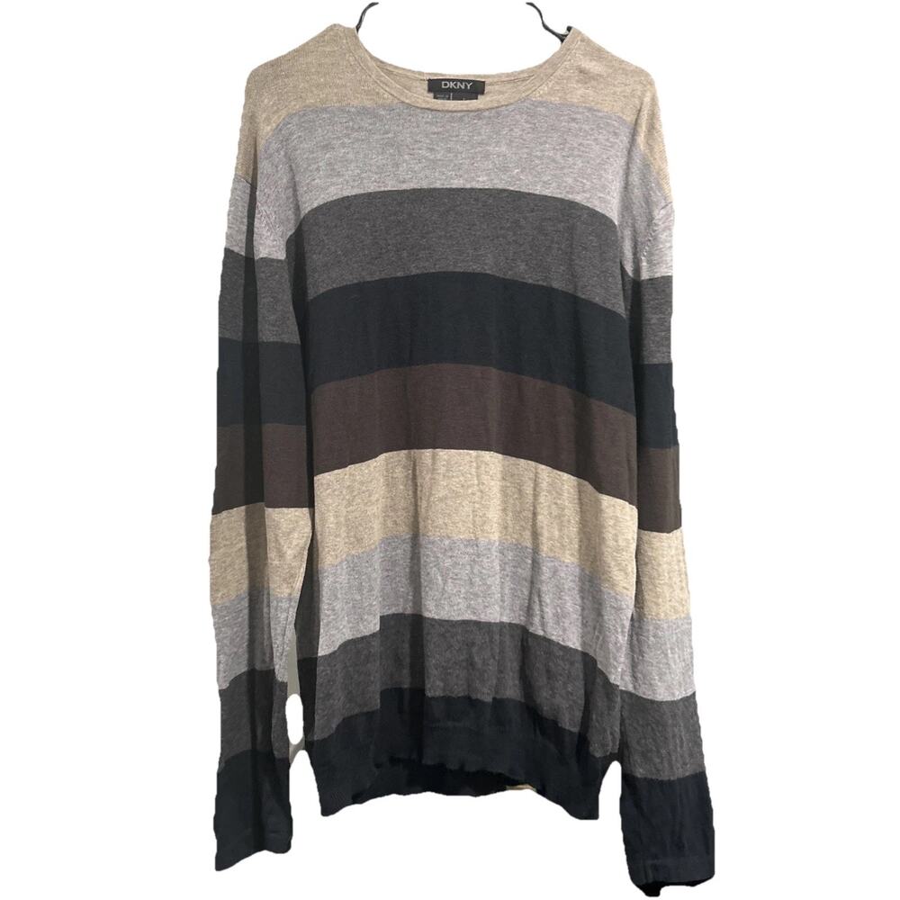 DKNY Striped Neutral 100% Cotton Sweater Men’s Size Large